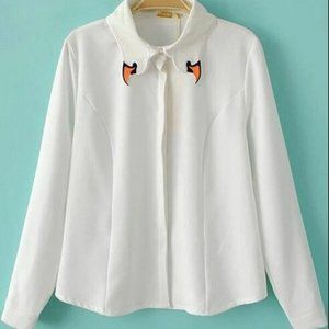 White long sleeve embroidery lapel blouse